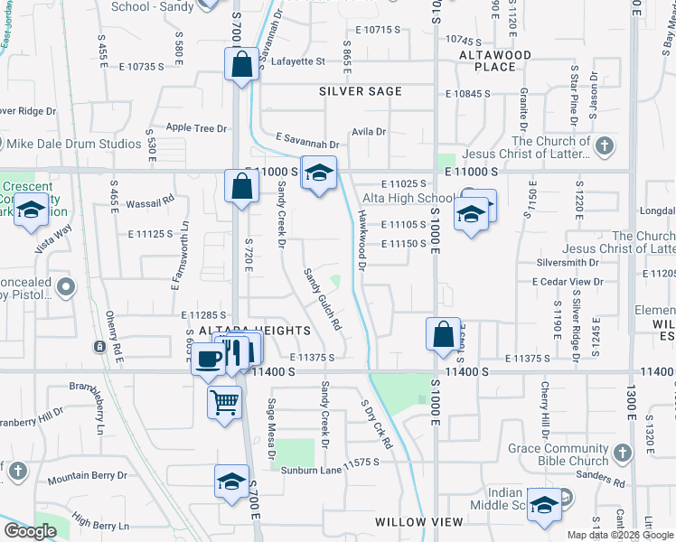 map of restaurants, bars, coffee shops, grocery stores, and more near 852 East Dusty Rock Place in Sandy