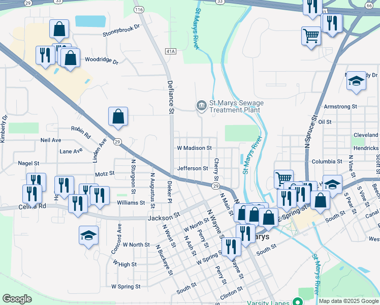 map of restaurants, bars, coffee shops, grocery stores, and more near 236 Lynn Street in Saint Marys
