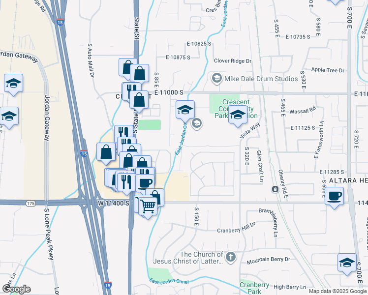map of restaurants, bars, coffee shops, grocery stores, and more near 11201 Crescent Oak Way in Sandy