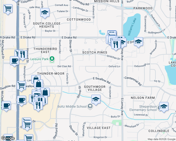 map of restaurants, bars, coffee shops, grocery stores, and more near 2924 Southmoor Drive in Fort Collins