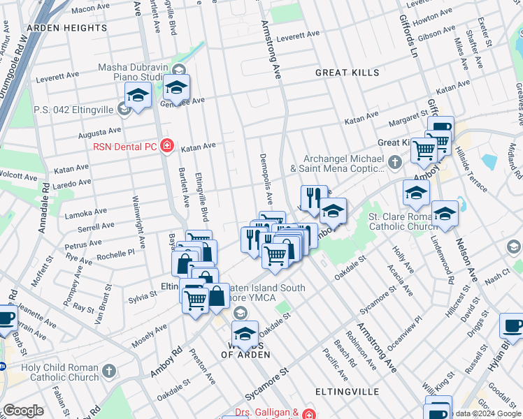 map of restaurants, bars, coffee shops, grocery stores, and more near 451 Cortelyou Avenue in Staten Island