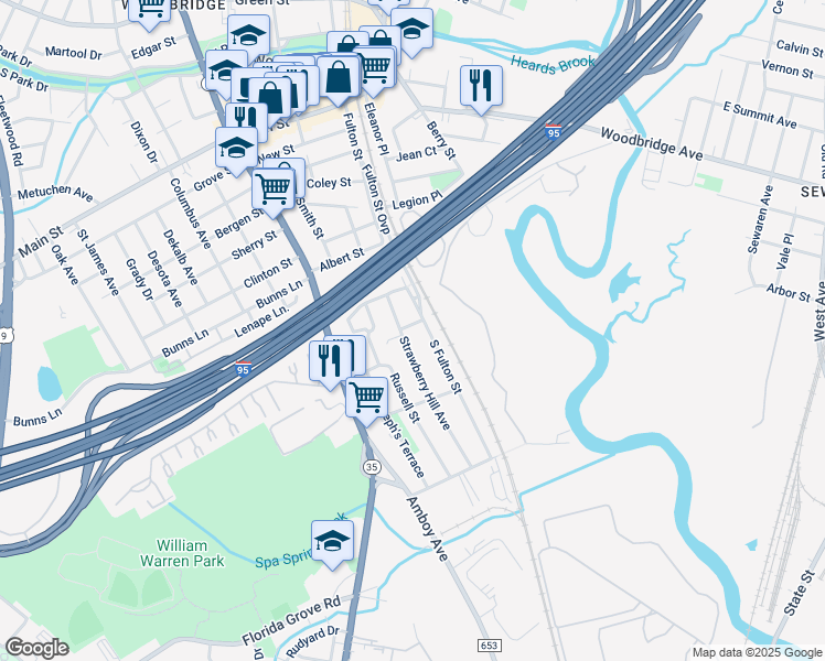 map of restaurants, bars, coffee shops, grocery stores, and more near 180 Strawberry Hill Avenue in Woodbridge Township