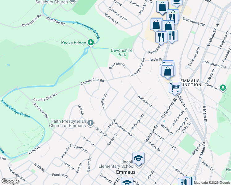 map of restaurants, bars, coffee shops, grocery stores, and more near 5 Cherokee Street in Emmaus