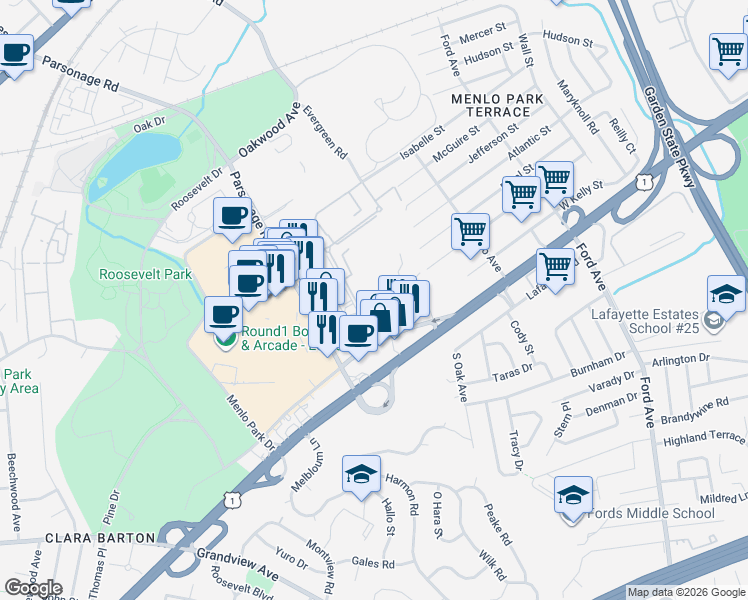 map of restaurants, bars, coffee shops, grocery stores, and more near 18 Judson Street in Edison