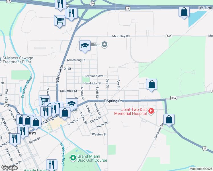 map of restaurants, bars, coffee shops, grocery stores, and more near 925 Hendricks Avenue in Saint Marys