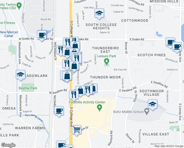 map of restaurants, bars, coffee shops, grocery stores, and more near 321 Del Clair Road in Fort Collins