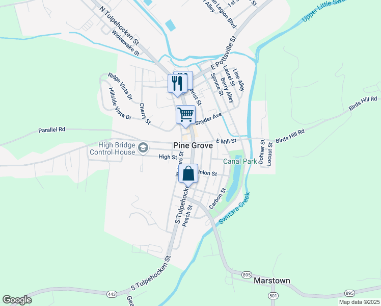 map of restaurants, bars, coffee shops, grocery stores, and more near 168 South Tulpehocken Street in Pine Grove