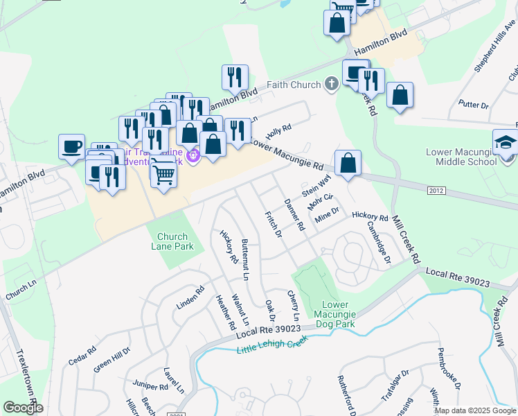 map of restaurants, bars, coffee shops, grocery stores, and more near 1294 Fritch Drive in Macungie