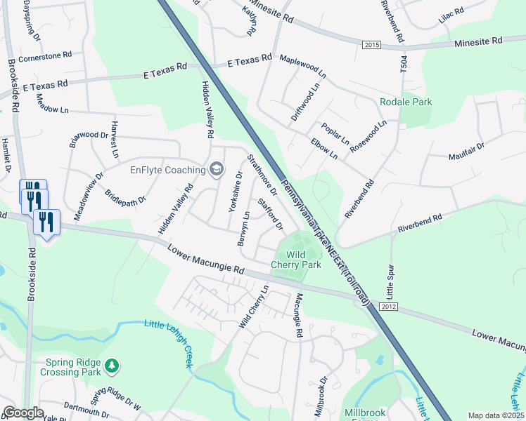 map of restaurants, bars, coffee shops, grocery stores, and more near 2141 Hillshire Lane in Macungie