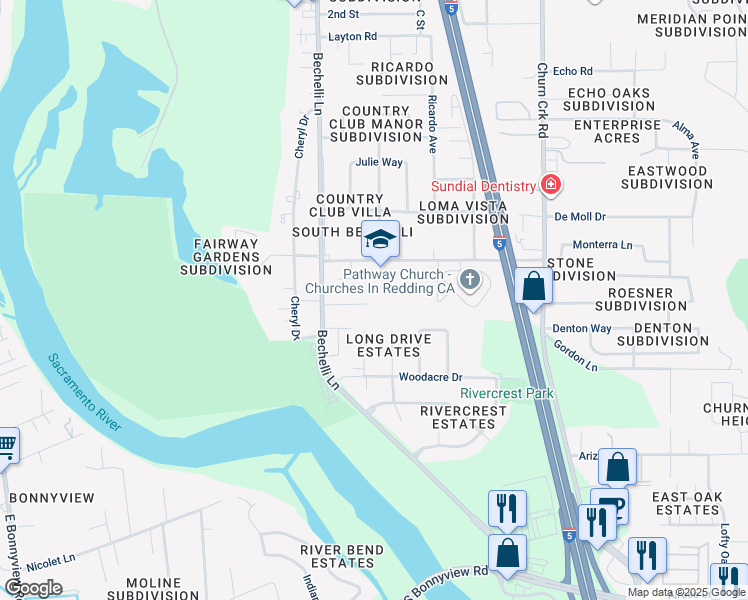 map of restaurants, bars, coffee shops, grocery stores, and more near 600 Rafael Street in Redding