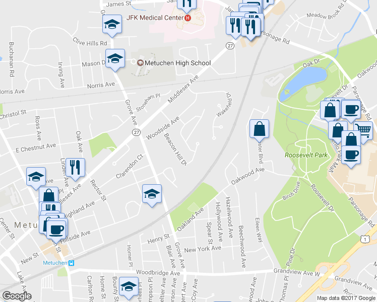map of restaurants, bars, coffee shops, grocery stores, and more near 90 Concord Avenue in Metuchen