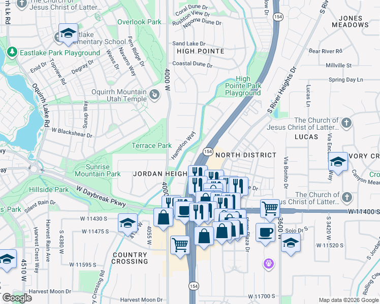 map of restaurants, bars, coffee shops, grocery stores, and more near 11110 Tippecanoe Way in South Jordan