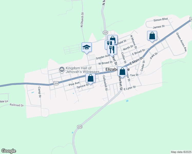 map of restaurants, bars, coffee shops, grocery stores, and more near 21 South Buttonwood Street in Elizabethville