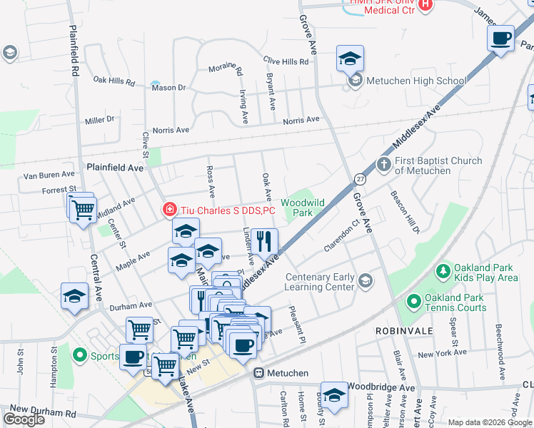 map of restaurants, bars, coffee shops, grocery stores, and more near 55 Oak Avenue in Metuchen