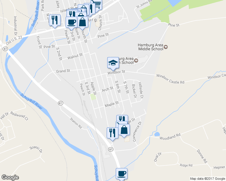 map of restaurants, bars, coffee shops, grocery stores, and more near 507 South 5th Street in Hamburg