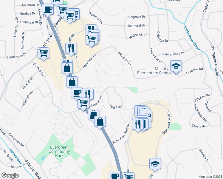 map of restaurants, bars, coffee shops, grocery stores, and more near 2128 Teal Trce in Pittsburgh