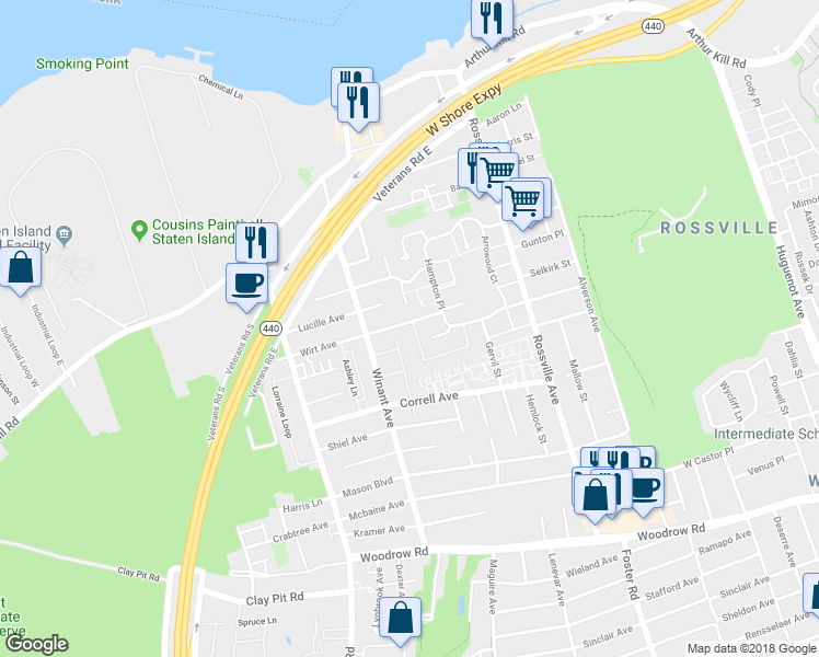 map of restaurants, bars, coffee shops, grocery stores, and more near 8 Redwood Loop in Staten Island