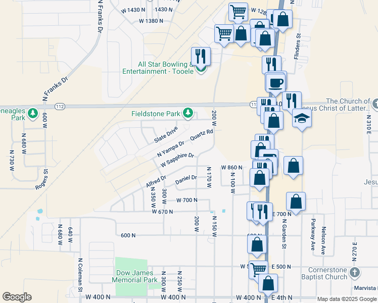 map of restaurants, bars, coffee shops, grocery stores, and more near 226 West Sapphire Drive in Tooele