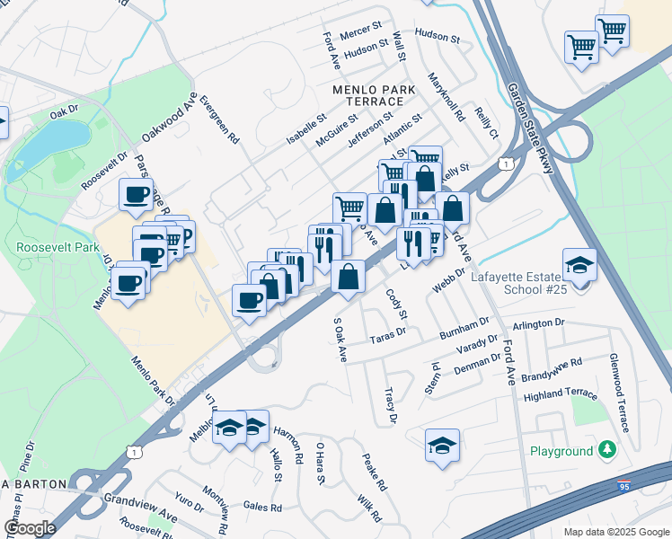 map of restaurants, bars, coffee shops, grocery stores, and more near 61 U.S. 1 in Metuchen