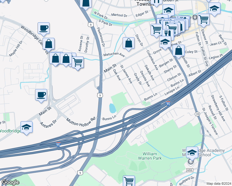 map of restaurants, bars, coffee shops, grocery stores, and more near 22G Regency Place in Woodbridge Township