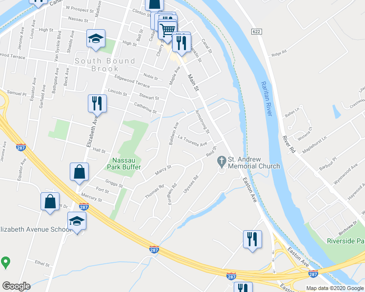 map of restaurants, bars, coffee shops, grocery stores, and more near 12 Bates Court in Somerset County