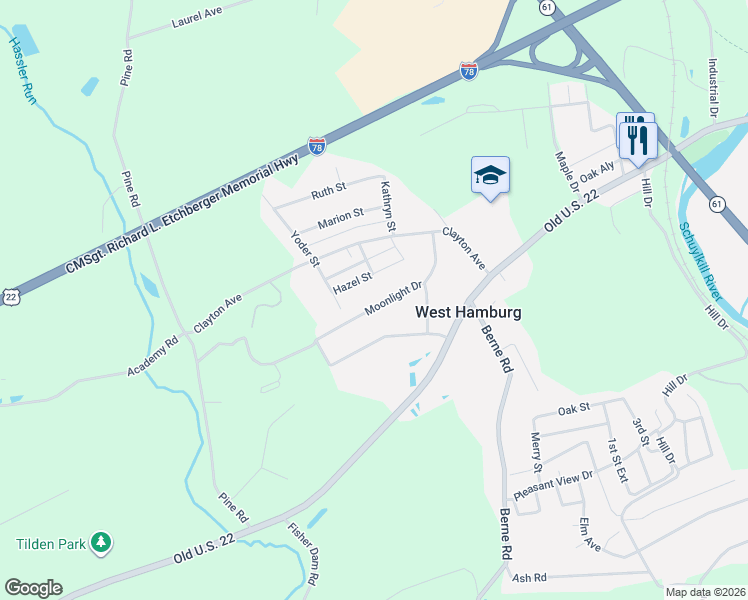 map of restaurants, bars, coffee shops, grocery stores, and more near 5 Moonlight Drive in Hamburg