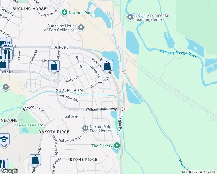 map of restaurants, bars, coffee shops, grocery stores, and more near 2938 Joseph Drive in Fort Collins