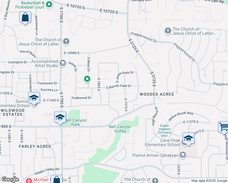map of restaurants, bars, coffee shops, grocery stores, and more near 11193 Brandon Park Drive in Sandy