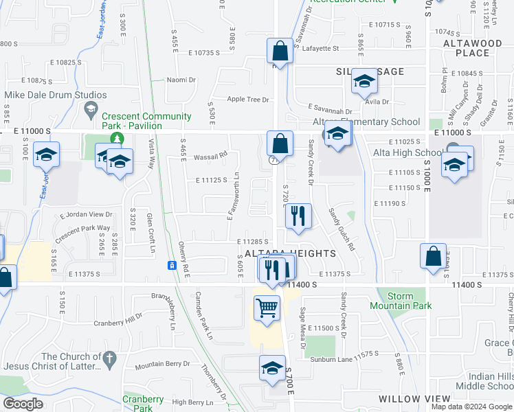 map of restaurants, bars, coffee shops, grocery stores, and more near 11228 South 700 East in Sandy