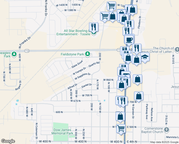 map of restaurants, bars, coffee shops, grocery stores, and more near 226 West Sapphire Drive in Tooele