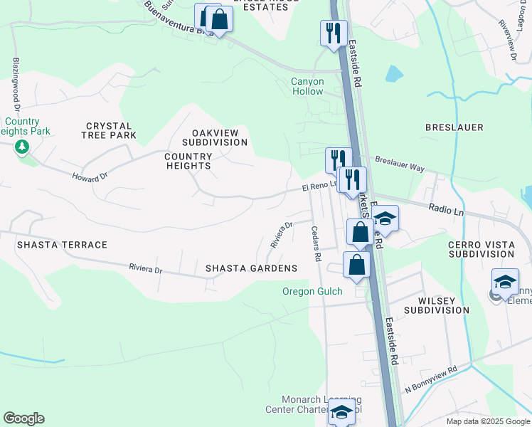 map of restaurants, bars, coffee shops, grocery stores, and more near 1991 El Reno Lane in Redding