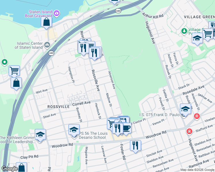 map of restaurants, bars, coffee shops, grocery stores, and more near 34 Barrow Place in Staten Island