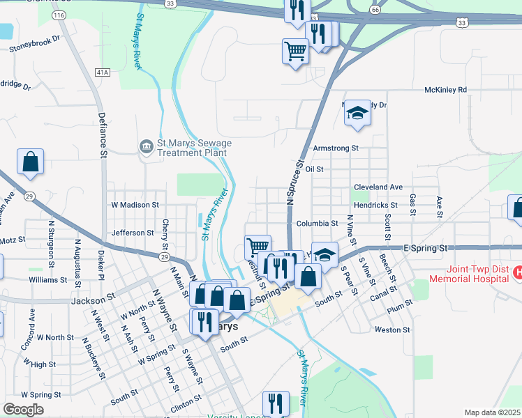 map of restaurants, bars, coffee shops, grocery stores, and more near 421 North Walnut Street in Saint Marys