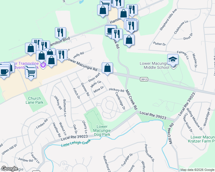 map of restaurants, bars, coffee shops, grocery stores, and more near 1291 Mohr Circle in Macungie
