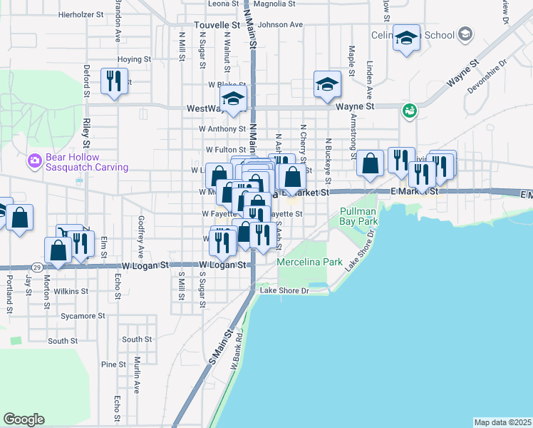 map of restaurants, bars, coffee shops, grocery stores, and more near 150 East Fayette Street in Celina