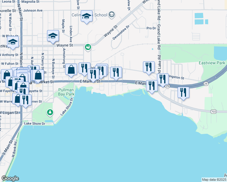 map of restaurants, bars, coffee shops, grocery stores, and more near 127 S Leblond St in Celina