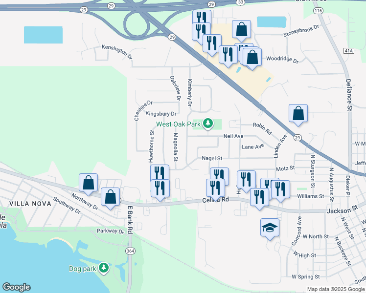 map of restaurants, bars, coffee shops, grocery stores, and more near 815 Kimberly Drive in Saint Marys