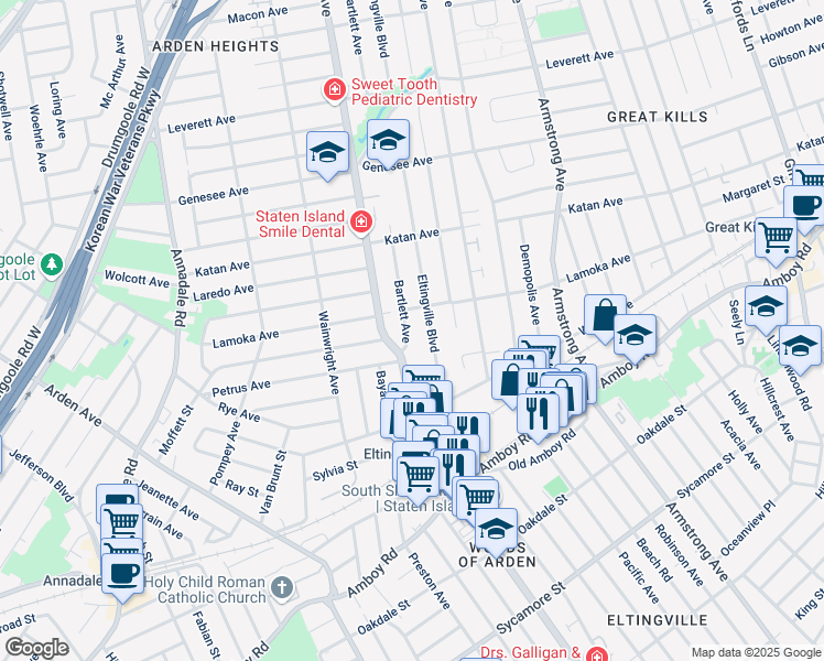 map of restaurants, bars, coffee shops, grocery stores, and more near 21 Bartlett Avenue in Staten Island