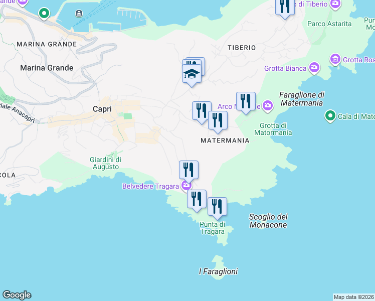 map of restaurants, bars, coffee shops, grocery stores, and more near 17 Via Tuoro in Capri