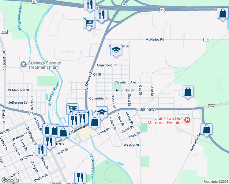 map of restaurants, bars, coffee shops, grocery stores, and more near 701 Hendricks Avenue in Saint Marys