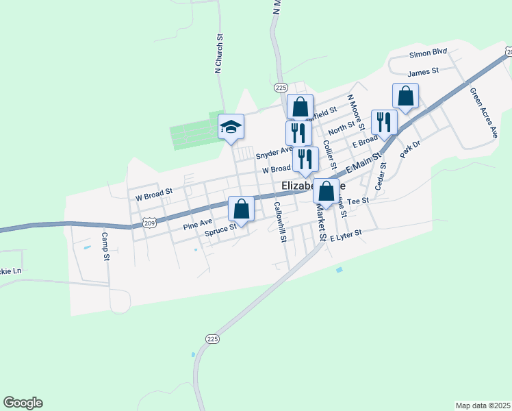 map of restaurants, bars, coffee shops, grocery stores, and more near 130 West Main Street in Elizabethville