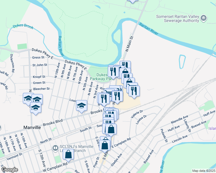 map of restaurants, bars, coffee shops, grocery stores, and more near 309 North 1st Avenue in Manville