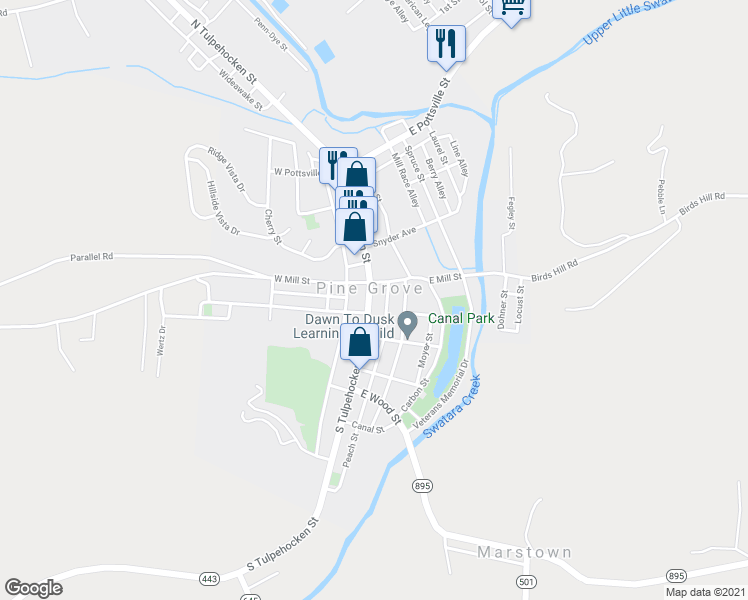 map of restaurants, bars, coffee shops, grocery stores, and more near 165 South Tulpehocken Street in Pine Grove