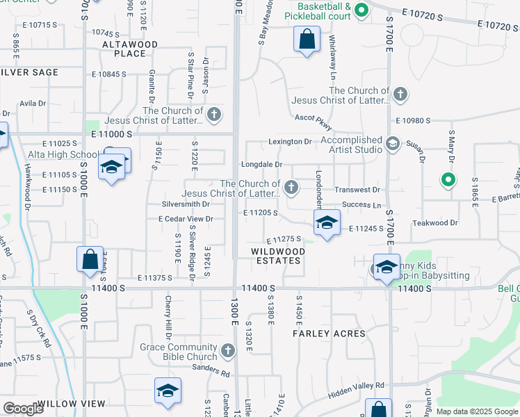 map of restaurants, bars, coffee shops, grocery stores, and more near 1363 East 11205 South in Sandy