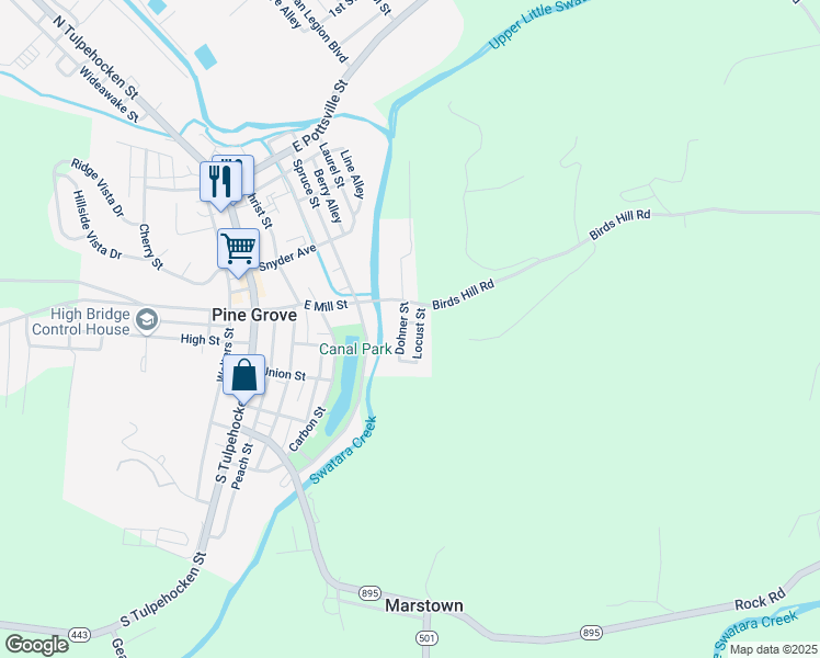map of restaurants, bars, coffee shops, grocery stores, and more near 9 Locust Street in Pine Grove
