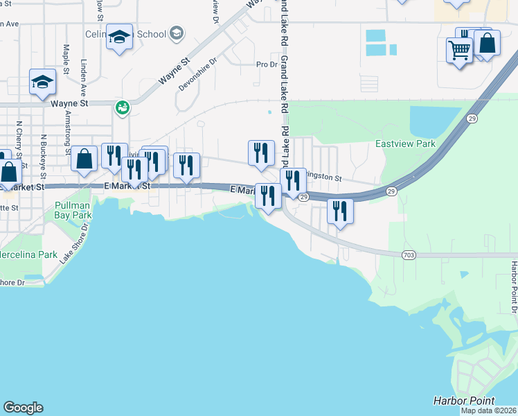 map of restaurants, bars, coffee shops, grocery stores, and more near 1130 East Market Street in Celina
