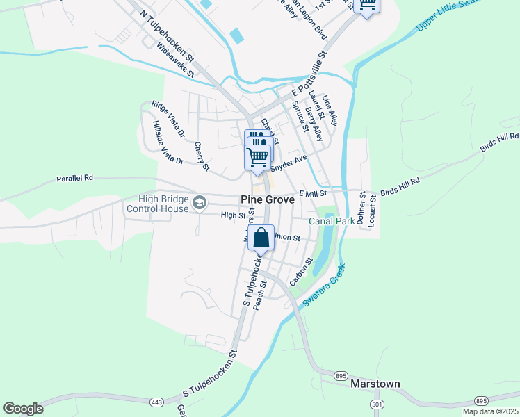map of restaurants, bars, coffee shops, grocery stores, and more near 168 South Tulpehocken Street in Pine Grove
