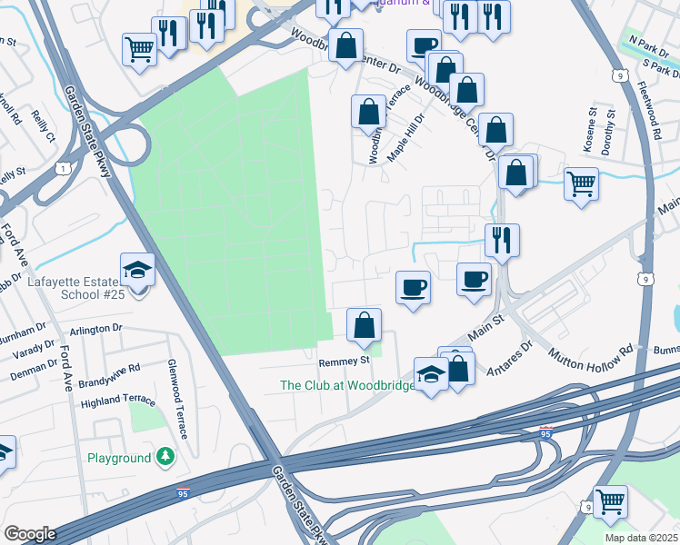 map of restaurants, bars, coffee shops, grocery stores, and more near 7 Highview Drive in Woodbridge Township