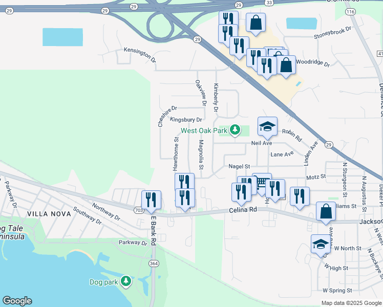 map of restaurants, bars, coffee shops, grocery stores, and more near 902 Royal Oak Drive in Saint Marys
