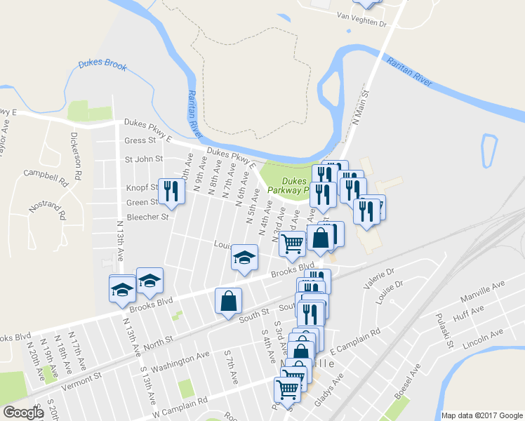 map of restaurants, bars, coffee shops, grocery stores, and more near 269 North 4th Avenue in Manville